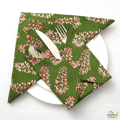 Dark Moss Green, Red and White Indian Floral Printed 100% Pure Cotton Cloth Napkins, Gifts, 18x18"- Cocktail Napkins, 20x20"- Dinner Napkins