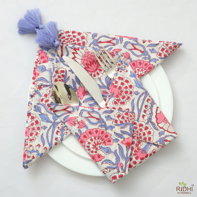Pigeon Blue, Flamingo Pink Indian Hand Block Floral Printed Cotton Cloth Napkins, Wedding Home Event School, 9x9"- Cocktail 20x20"- Dinner