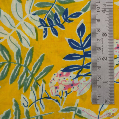 Fabricrush Amber Yellow, Prussian Blue, Green Indian Floral Printed 100% Pure Lightweight Cotton Cloth, Fabric by the yard, Curtains Pillow Covers Bags