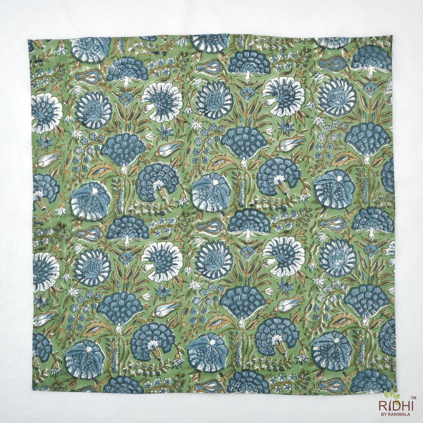 Asparagus Green, Air-force Blue Indian Hand Block Floral Print 100% Pure Cotton Cloth Napkins, 18x18"-Cocktail Napkins, 20x20"- Dinner Napkins