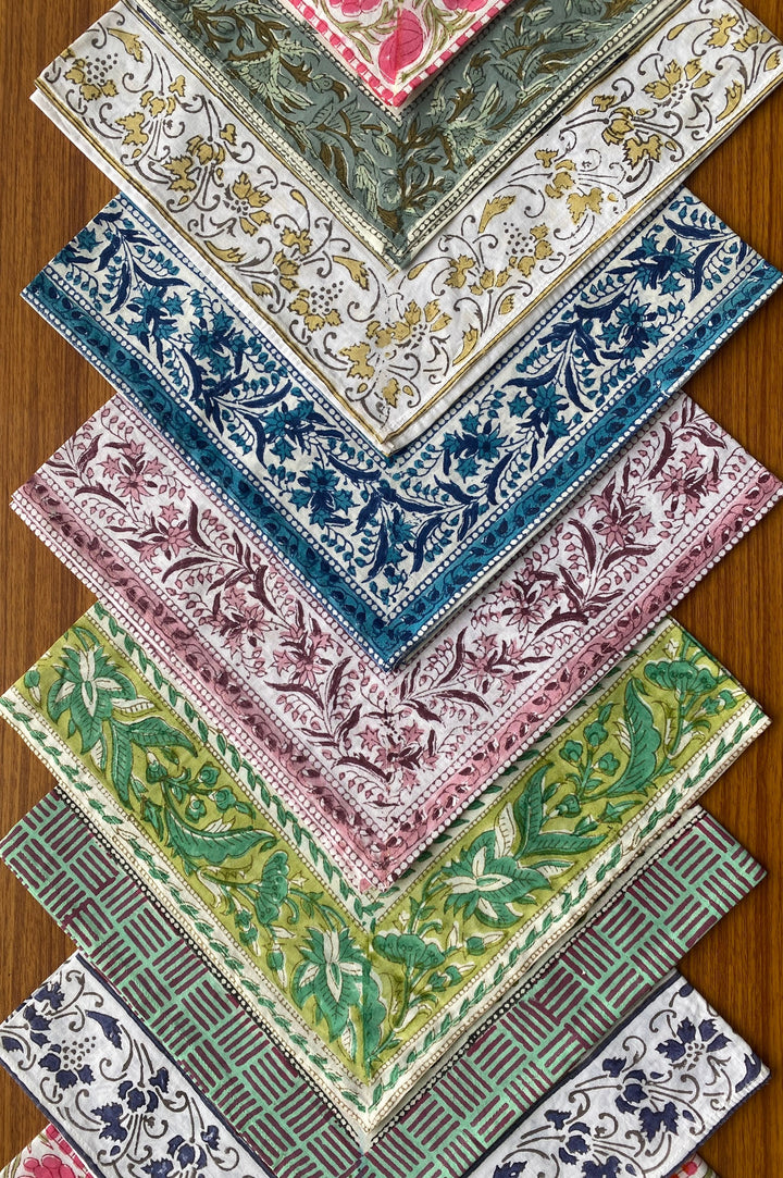 Mix and Match Boho Indian Hand Block Printed Cotton Dinner Border Napkins Size- 20x20"