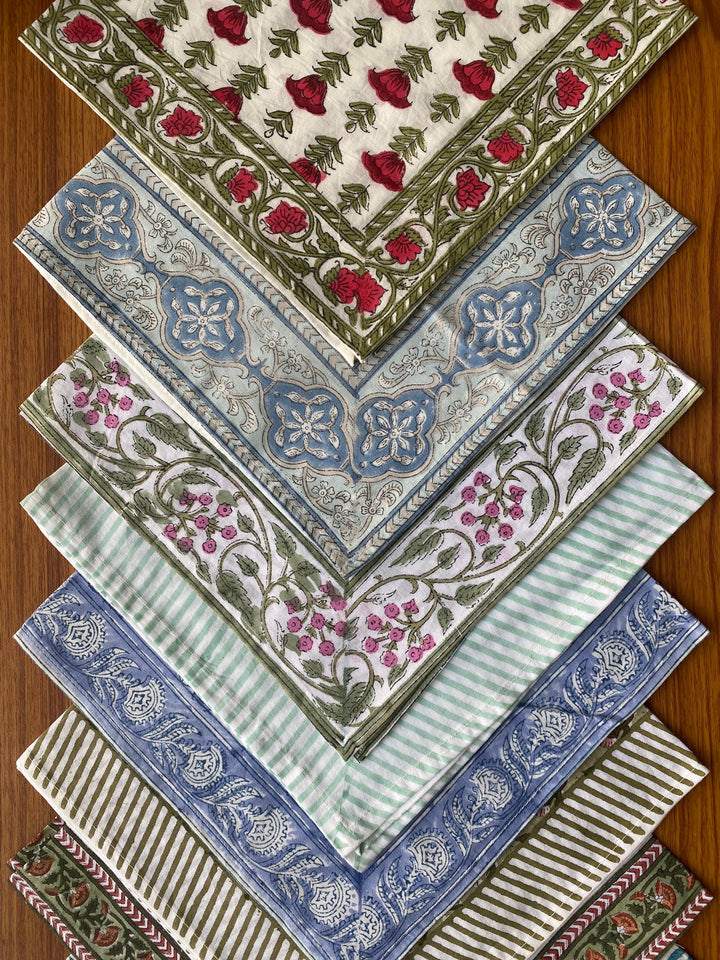 Mix and Match Boho Indian Hand Block Printed Cotton Dinner Border Napkins Size- 20x20"