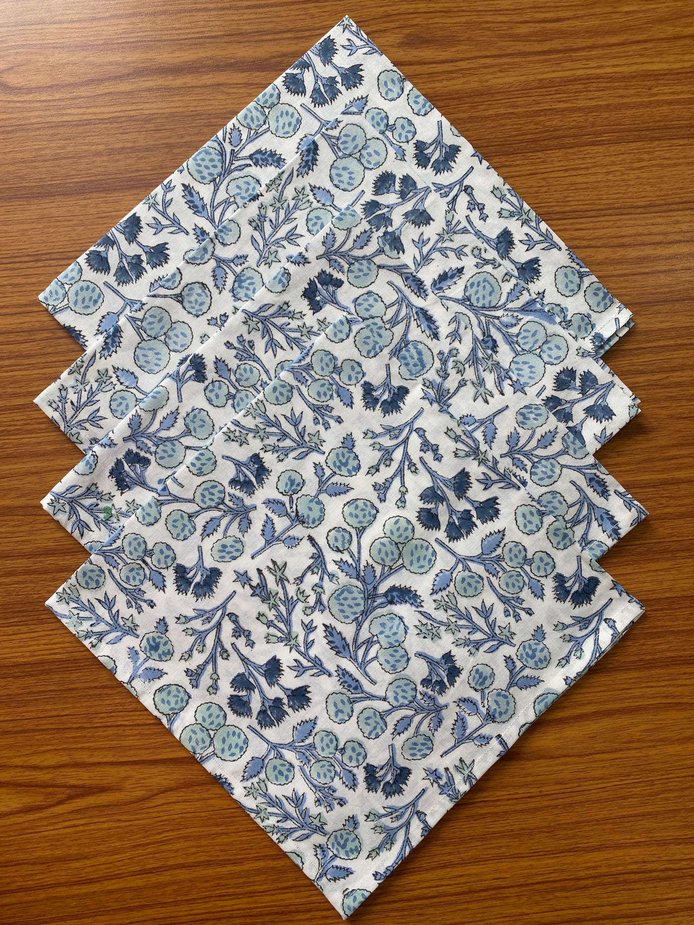 Denim and Baby Blue on White Indian Hand Block Floral Printed 100% Pure Cotton Cloth Napkins, 18x18"- Cocktail Napkins, 20x20"- Dinner Napkins