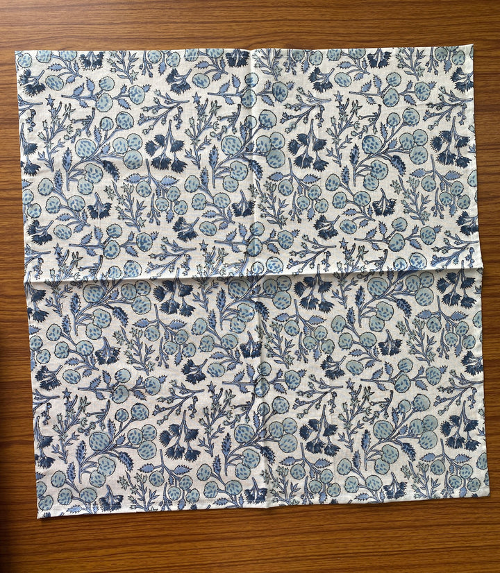 Fabricrush Denim and Baby Blue on White Indian Hand Block Floral Printed 100% Pure Cotton Cloth Napkins, 18x18"- Cocktail Napkins, 20x20"- Dinner Napkins