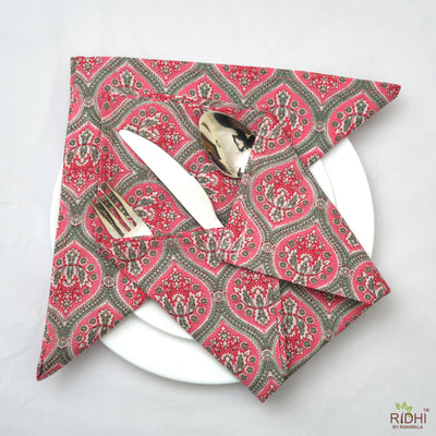 Punch Pink, Russian Green Indian Floral Printed 100% Pure Cotton Cloth Napkins, Gift for Her, 18x18"- Cocktail Napkins, 20X20"- Dinner Napkins