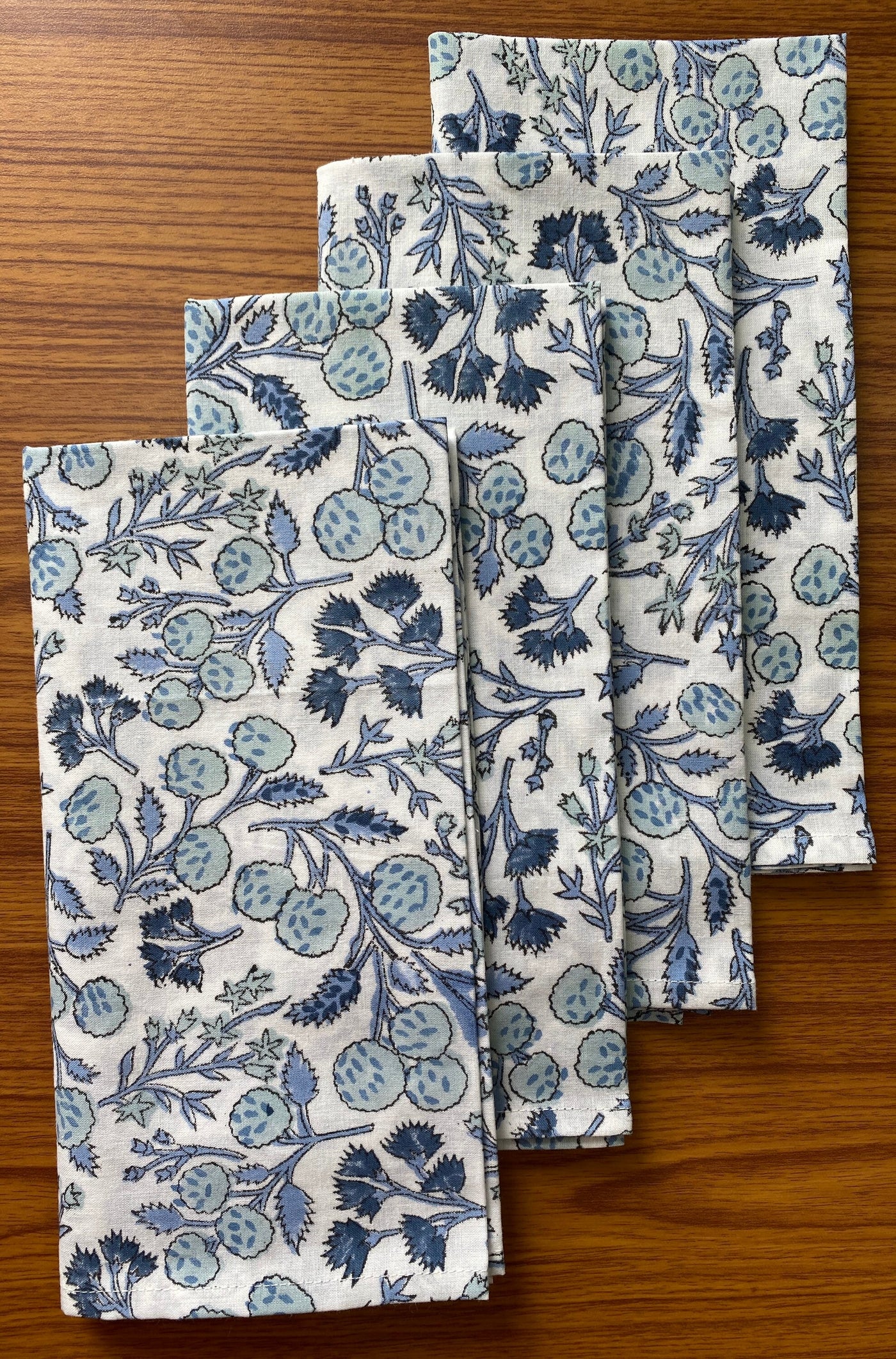 Fabricrush Denim and Baby Blue on White Indian Hand Block Floral Printed 100% Pure Cotton Cloth Napkins, 18x18"- Cocktail Napkins, 20x20"- Dinner Napkins