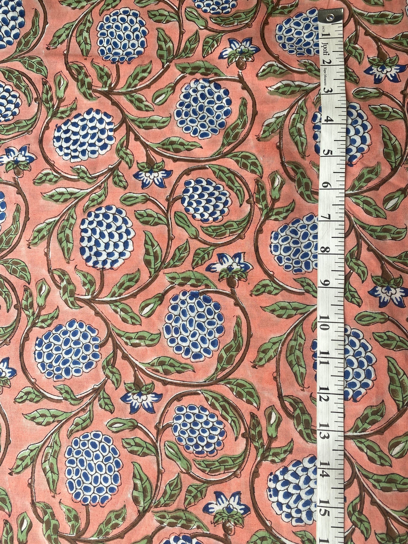 Dark Salmon Pink, Sage Green, Delft Blue Indian Floral Hand Block Printed 100% Cotton Cloth, Fabric by the Yard, Fabric for Curtains Pillows