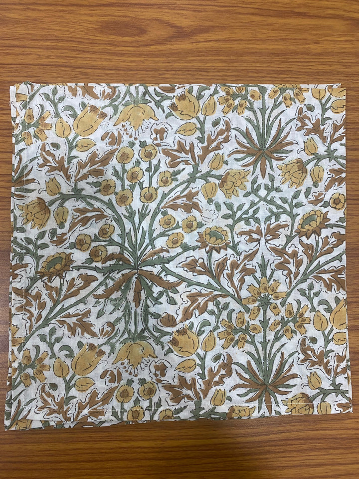 Goldenrod Yellow, Fern Green, Peanut Brown Indian Hand Block Floral Print Cotton Cloth Napkins 18x18"-Wedding Napkin, 20x20"- Dinner Napkins