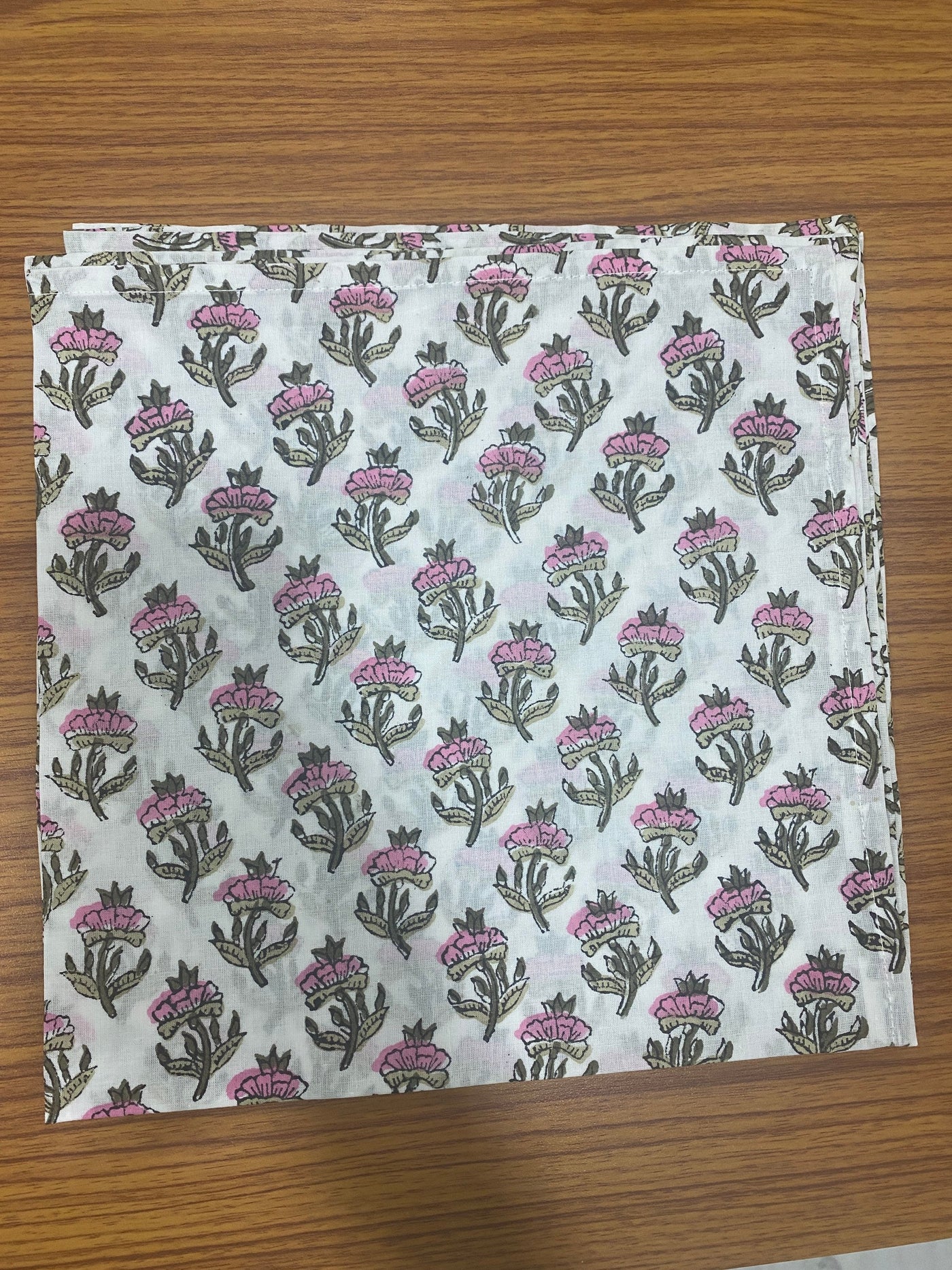 Fabricrush Taffy Pink, Asparagus and Army Green Indian Hand Block Floral Print Pure Cotton Cloth Napkins, 18x18"-Cocktail Napkins, 20x20"- Dinner Napkins
