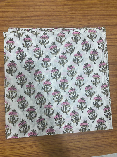 Taffy Pink, Asparagus and Army Green Indian Hand Block Floral Print Pure Cotton Cloth Napkins, 18x18"-Cocktail Napkins, 20x20"- Dinner Napkins