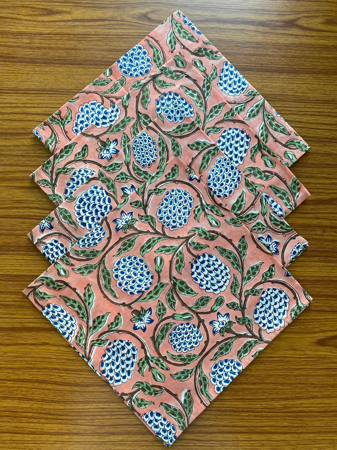 Fabricrush Dark Salmon Pink, Sage Green, Delft Blue Indian Hand Block Printed 100% Cotton Cloth Napkins, 18x18"-Cocktail Napkins, 20x20"- Dinner Napkins