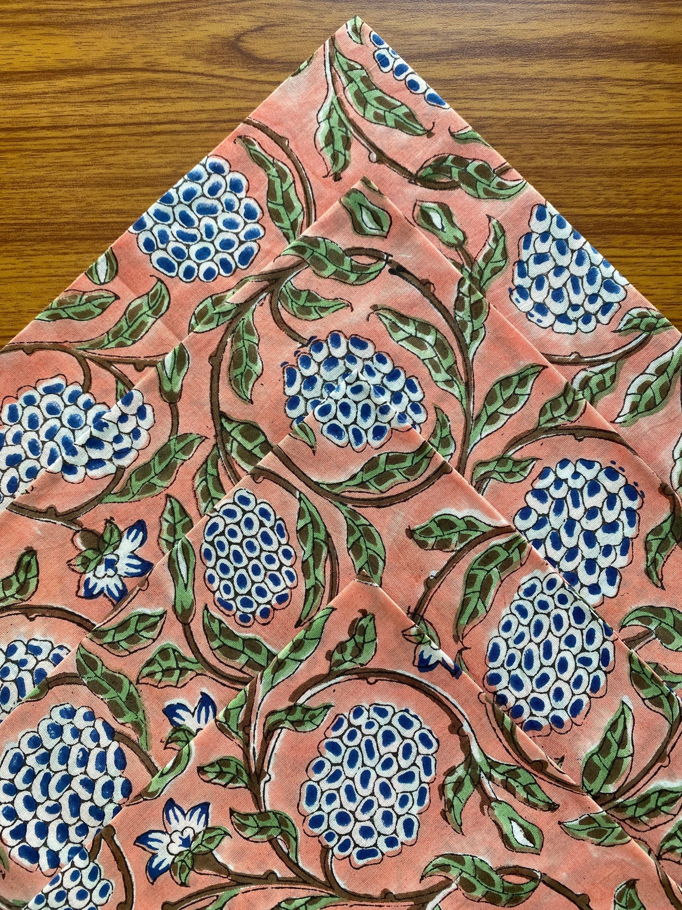 Fabricrush Dark Salmon Pink, Sage Green, Delft Blue Indian Hand Block Printed 100% Cotton Cloth Napkins, 18x18"-Cocktail Napkins, 20x20"- Dinner Napkins