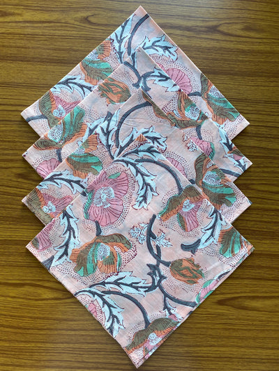Salmon Pink, Teal, Grey Indian Hand Floral Hand Block Printed 100% Pure Cotton Cloth Napkins, 18x18"- Cocktail Napkins, 20x20"- Dinner Napkins