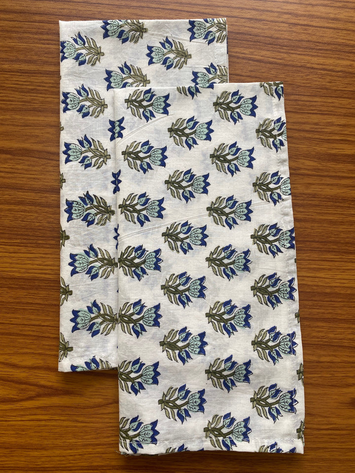 Fabricrush Catalina Blue, Olive, Tea and Moss Green Indian Hand Block Printed 100% Cotton Cloth Napkins, 18x18"-Cocktail Napkins, 20x20"- Dinner Napkins