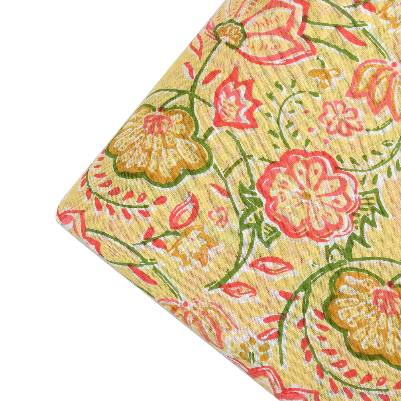 Banana Yellow, Punch Pink, Green Indian Floral Printed 100% Pure Cotton Cloth, Fabric by the yard, Women's Clothing Curtains Cushions Bags