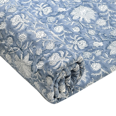 Airforce Blue and White Indian Floral Hand Block Printed 100% Pure Cotton Cloth, Fabric by the yard, Curtains Pillows Dresses Duvet Covers