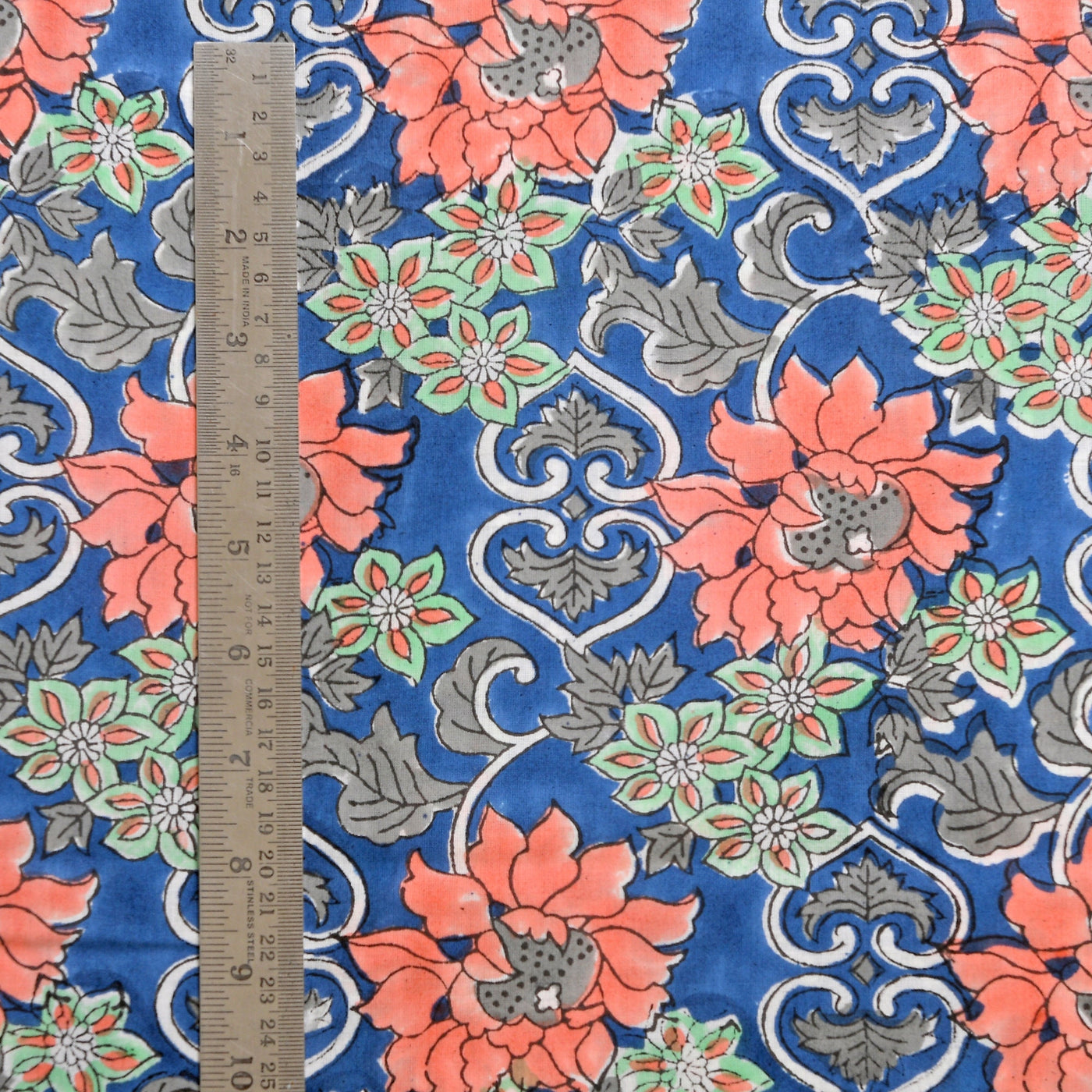 Cold Steel Blue, Salmon Pink, Mint Green Indian Floral Hand Block Printed 100% Cotton Cloth, Fabric by the Yard, Fabric for Curtains Pillows
