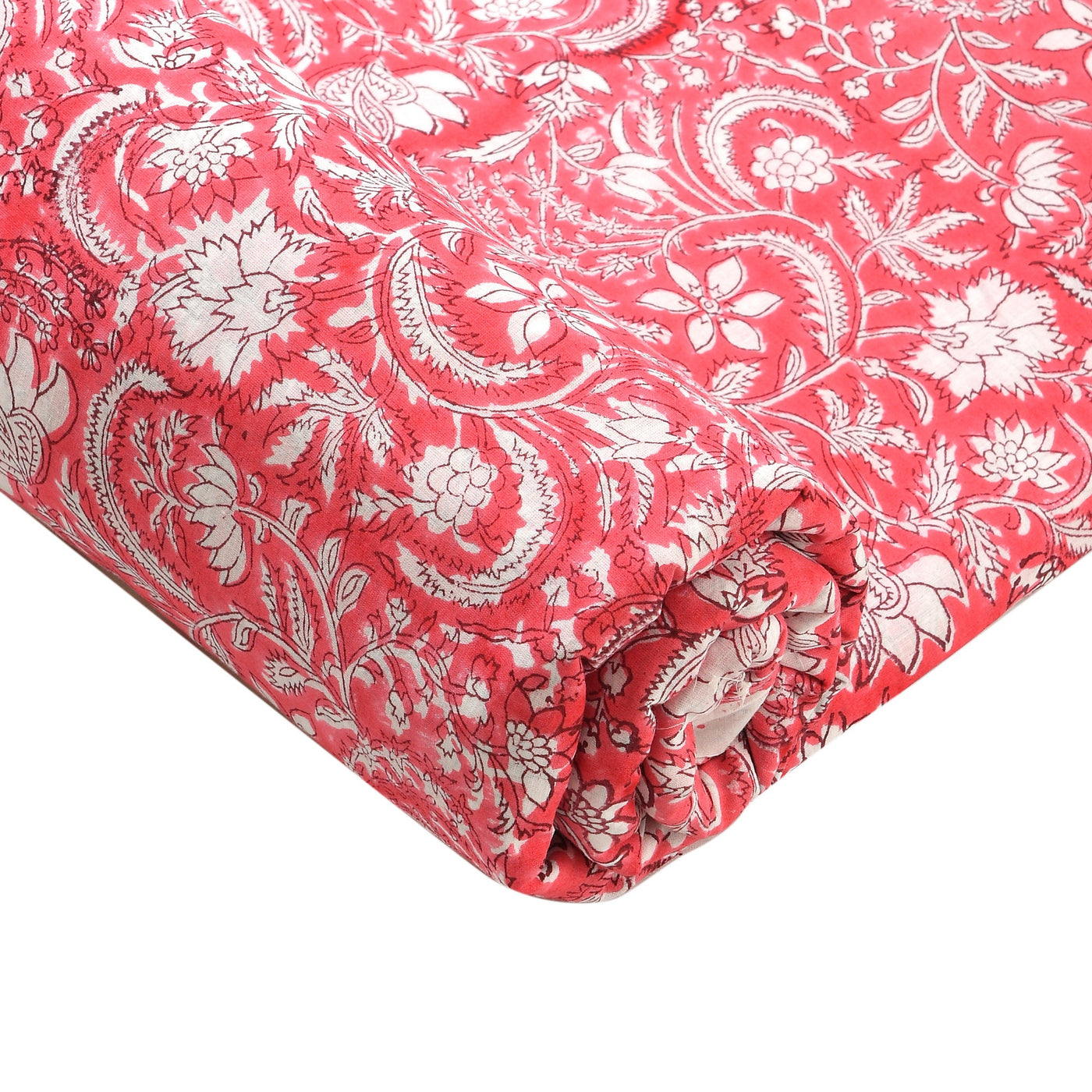 Fabricrush Brick Pink and White Indian Block Floral Printed 100% Pure Cotton Cloth, Lightweight Summer Fabric for Curtains Women's Dresses Pillows Bags