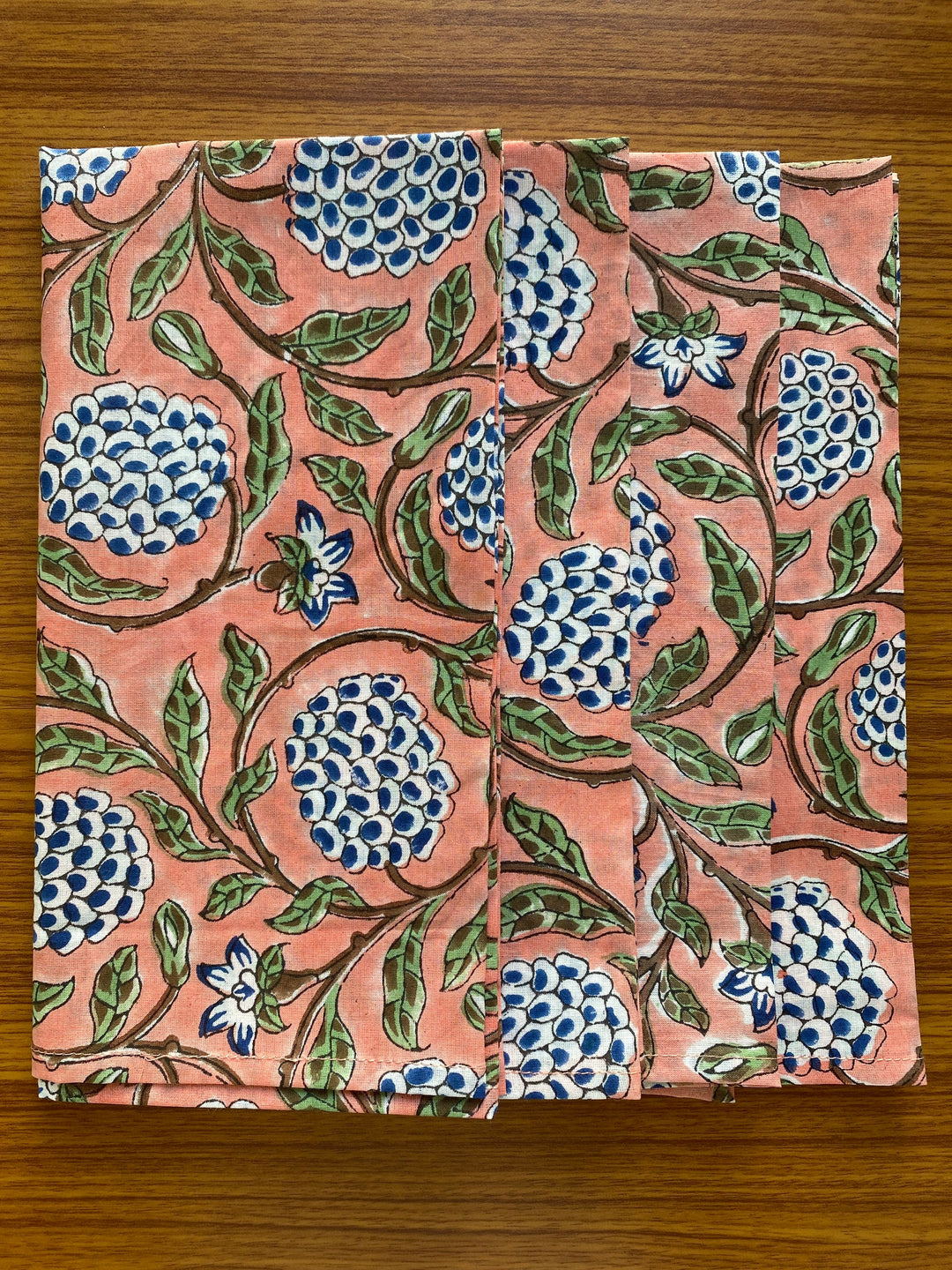 Fabricrush Dark Salmon Pink, Sage Green, Delft Blue Indian Hand Block Printed 100% Cotton Cloth Napkins, 18x18"-Cocktail Napkins, 20x20"- Dinner Napkins