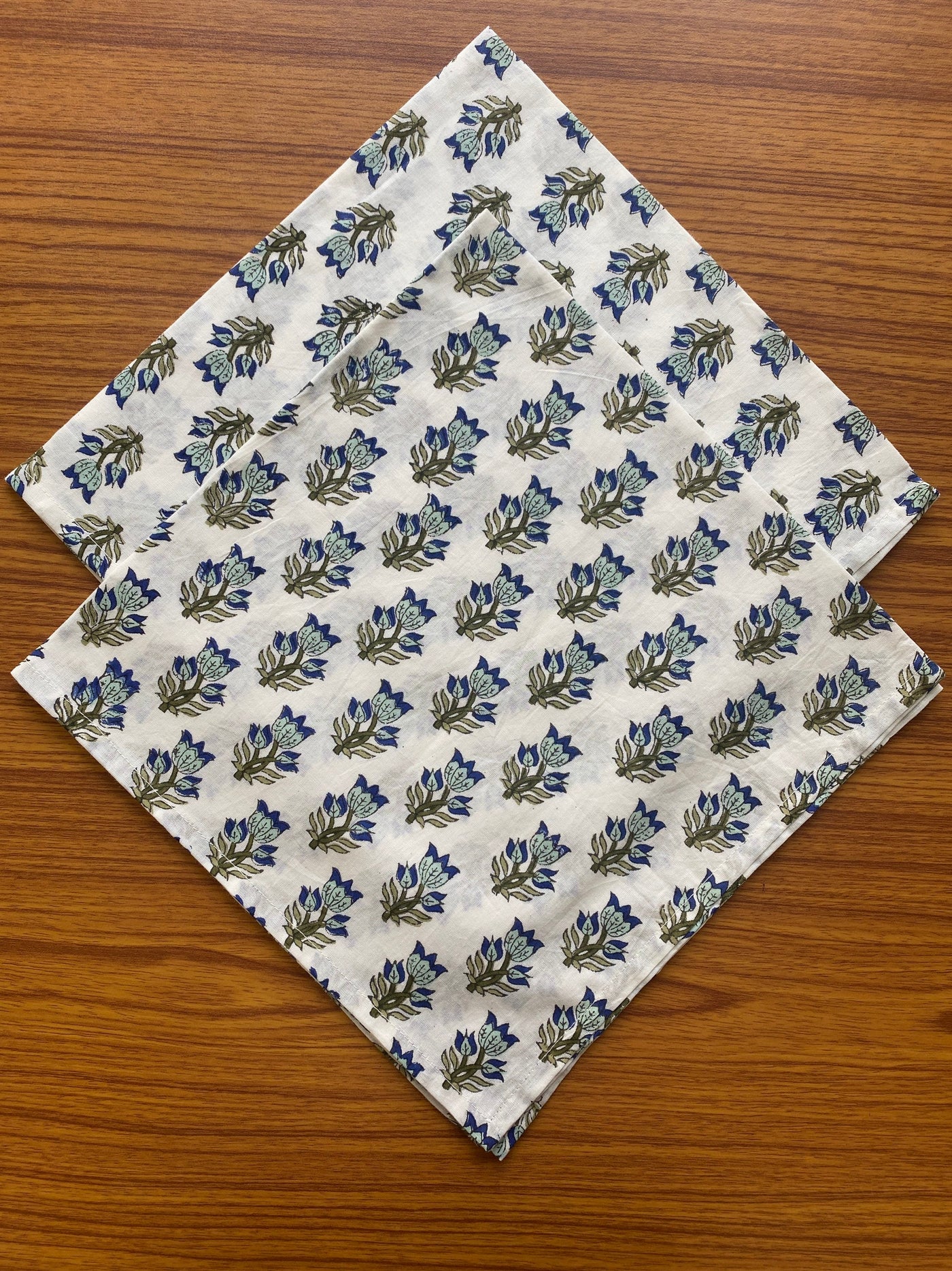 Fabricrush Catalina Blue, Olive, Tea and Moss Green Indian Hand Block Printed 100% Cotton Cloth Napkins, 18x18"-Cocktail Napkins, 20x20"- Dinner Napkins