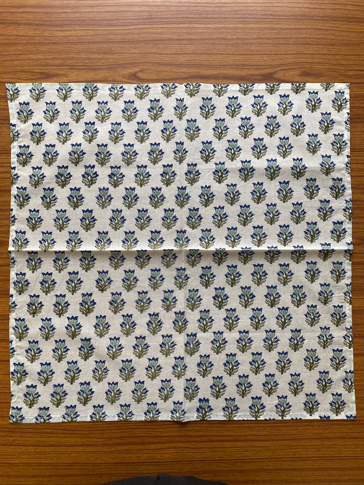 Fabricrush Catalina Blue, Olive, Tea and Moss Green Indian Hand Block Printed 100% Cotton Cloth Napkins, 18x18"-Cocktail Napkins, 20x20"- Dinner Napkins