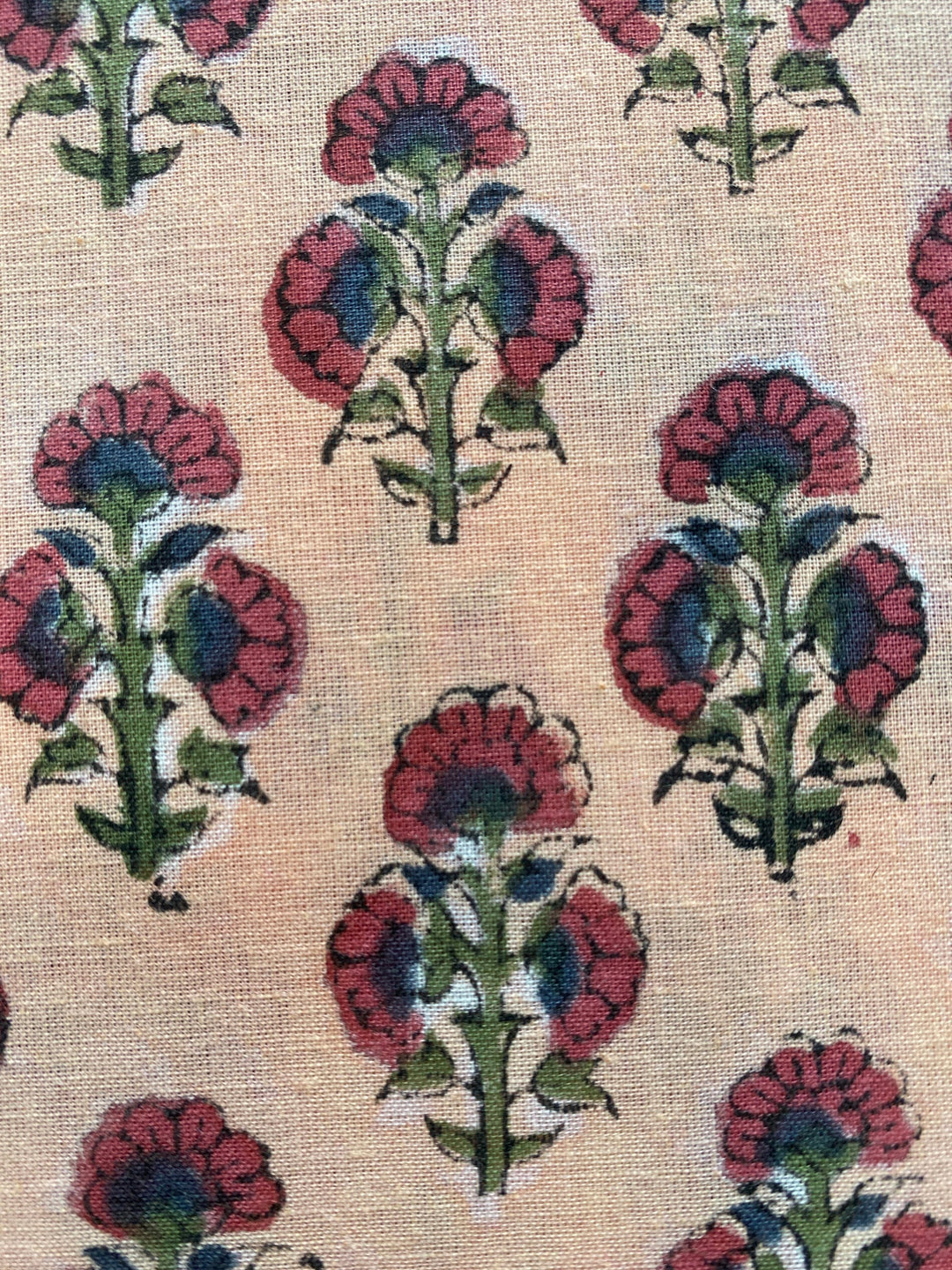 Fabricrush Penny Brown, Russian Green, Ecru Indian Floral Hand Block Printed 100% Pure Cotton Cloth, Fabric by the Yard, Dresses Curtains Pillow Covers, Valentine's day, Spring, Easter