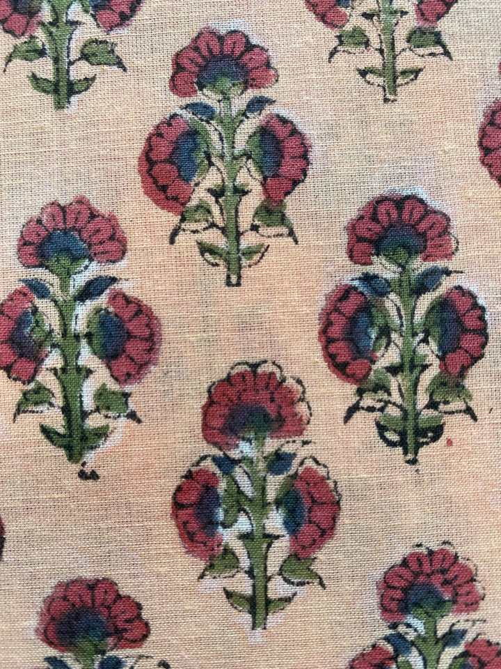 Fabricrush Penny Brown, Russian Green, Ecru Indian Floral Hand Block Printed 100% Pure Cotton Cloth, Fabric by the Yard, Dresses Curtains Pillow Covers, Valentine's day, Spring, Easter