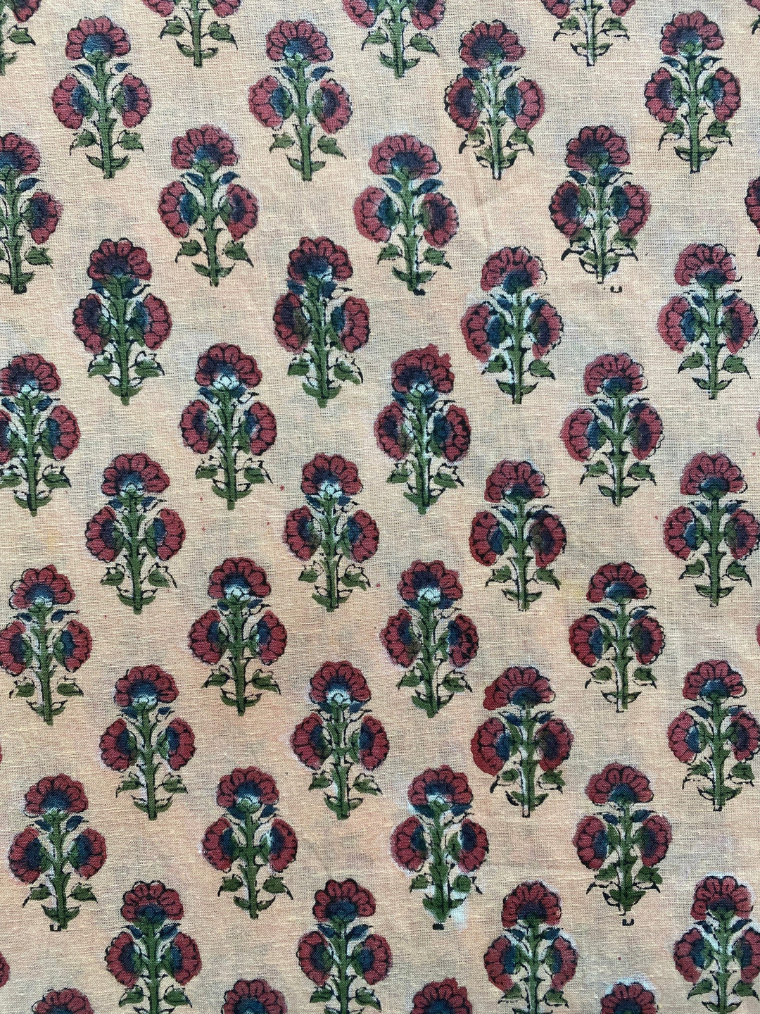 Fabricrush Penny Brown, Russian Green, Ecru Indian Floral Hand Block Printed 100% Pure Cotton Cloth, Fabric by the Yard, Dresses Curtains Pillow Covers, Valentine's day, Spring, Easter