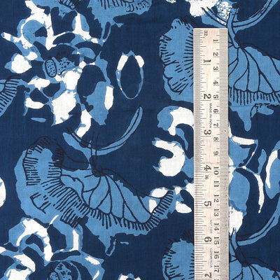 Denim and Aegean Blue Indian Floral Printed 100% Pure Cotton Cloth, Fabric by the yard, Womens clothing curtains Kaftan Quilt Lamp Shades