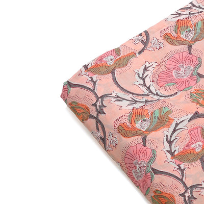 Fabricrush Salmon Pink, Teal, Grey Indian Hand Block Floral Printed 100% Pure Cotton Cloth, Lightweight Summer Fabric for Curtains Women's Dresses Bags