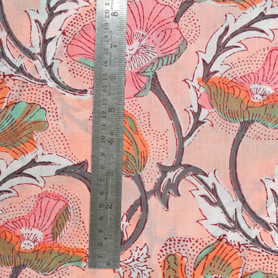 Salmon Pink, Teal, Grey Indian Hand Block Floral Printed 100% Pure Cotton Cloth, Lightweight Summer Fabric for Curtains Women's Dresses Bags