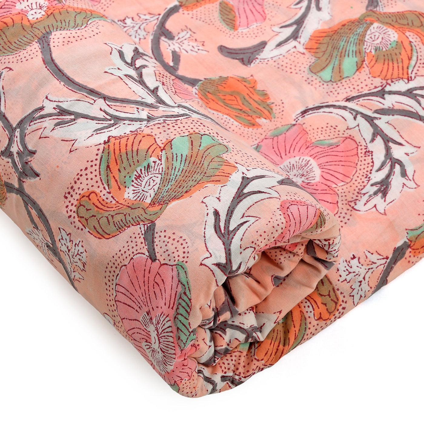 Fabricrush Salmon Pink, Teal, Grey Indian Hand Block Floral Printed 100% Pure Cotton Cloth, Lightweight Summer Fabric for Curtains Women's Dresses Bags