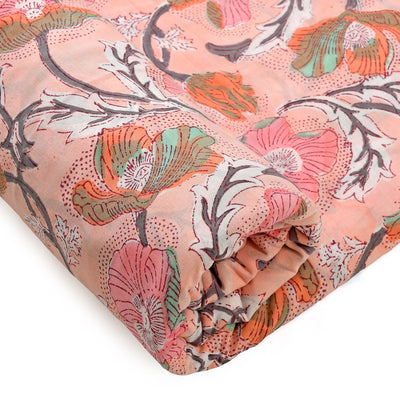 Salmon Pink, Teal, Grey Indian Hand Block Floral Printed 100% Pure Cotton Cloth, Lightweight Summer Fabric for Curtains Women's Dresses Bags