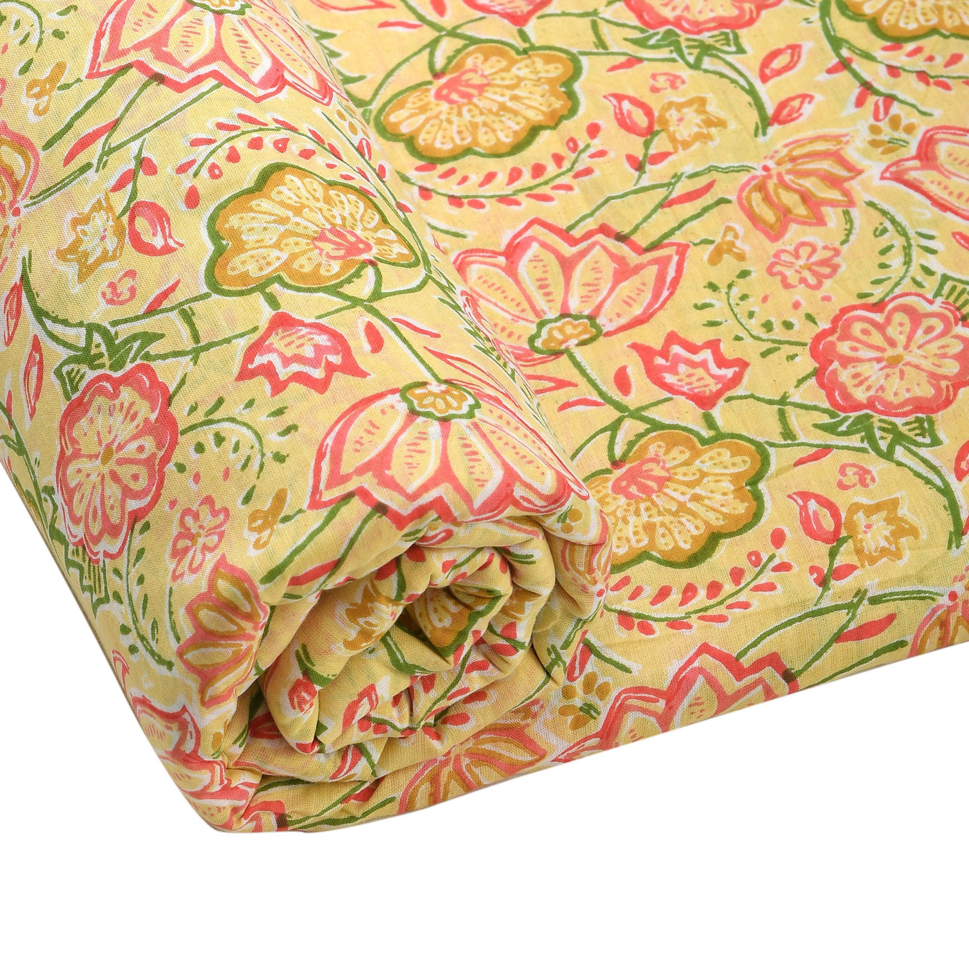 Banana Yellow, Punch Pink, Green Indian Floral Printed 100% Pure Cotton Cloth, Fabric by the yard, Women's Clothing Curtains Cushions Bags