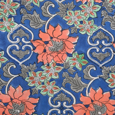Cold Steel Blue, Salmon Pink, Mint Green Indian Floral Hand Block Printed 100% Cotton Cloth, Fabric by the Yard, Fabric for Curtains Pillows