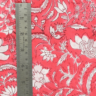 Fabricrush Brick Pink and White Indian Block Floral Printed 100% Pure Cotton Cloth, Lightweight Summer Fabric for Curtains Women's Dresses Pillows Bags