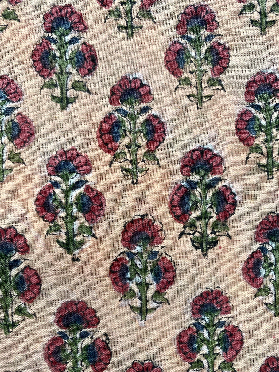 Fabricrush Penny Brown, Russian Green, Ecru Indian Floral Hand Block Printed 100% Pure Cotton Cloth, Fabric by the Yard, Dresses Curtains Pillow Covers, Valentine's day, Spring, Easter