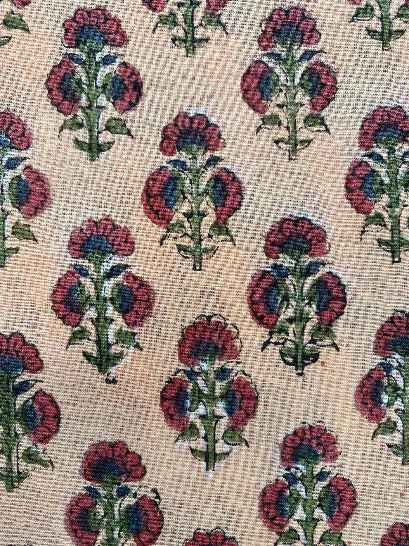 Penny Brown, Russian Green, Ecru Indian Floral Hand Block Printed 100% Pure Cotton Cloth, Fabric by the Yard, Dresses Curtains Pillow Covers