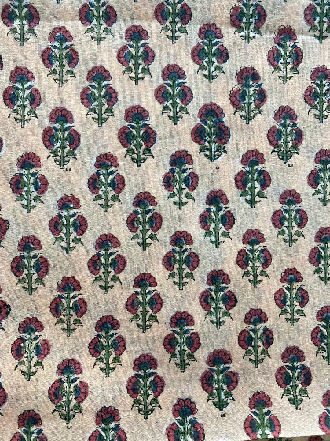 Fabricrush Penny Brown, Russian Green, Ecru Indian Floral Hand Block Printed 100% Pure Cotton Cloth, Fabric by the Yard, Dresses Curtains Pillow Covers, Valentine's day, Spring, Easter