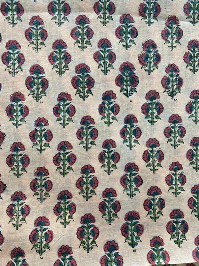 Fabricrush Penny Brown, Russian Green, Ecru Indian Floral Hand Block Printed 100% Pure Cotton Cloth, Fabric by the Yard, Dresses Curtains Pillow Covers