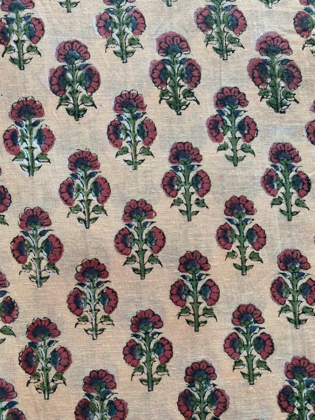 Fabricrush Penny Brown, Russian Green, Ecru Indian Floral Hand Block Printed 100% Pure Cotton Cloth, Fabric by the Yard, Dresses Curtains Pillow Covers, Valentine's day, Spring, Easter