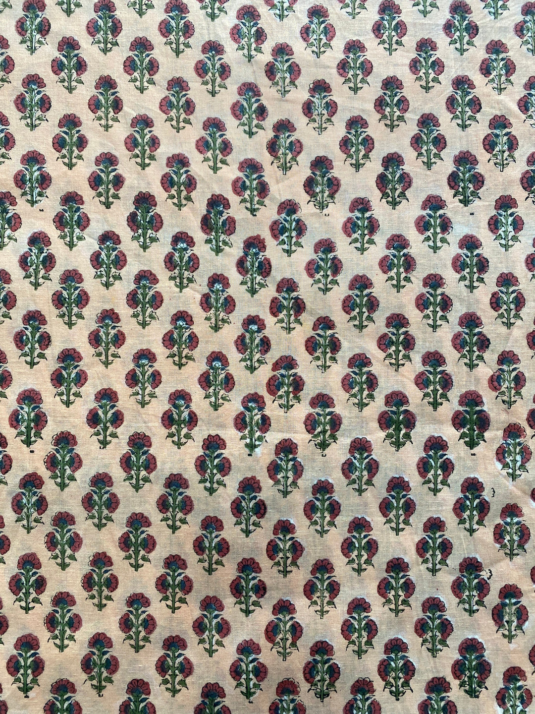 Fabricrush Penny Brown, Russian Green, Ecru Indian Floral Hand Block Printed 100% Pure Cotton Cloth, Fabric by the Yard, Dresses Curtains Pillow Covers, Valentine's day, Spring, Easter