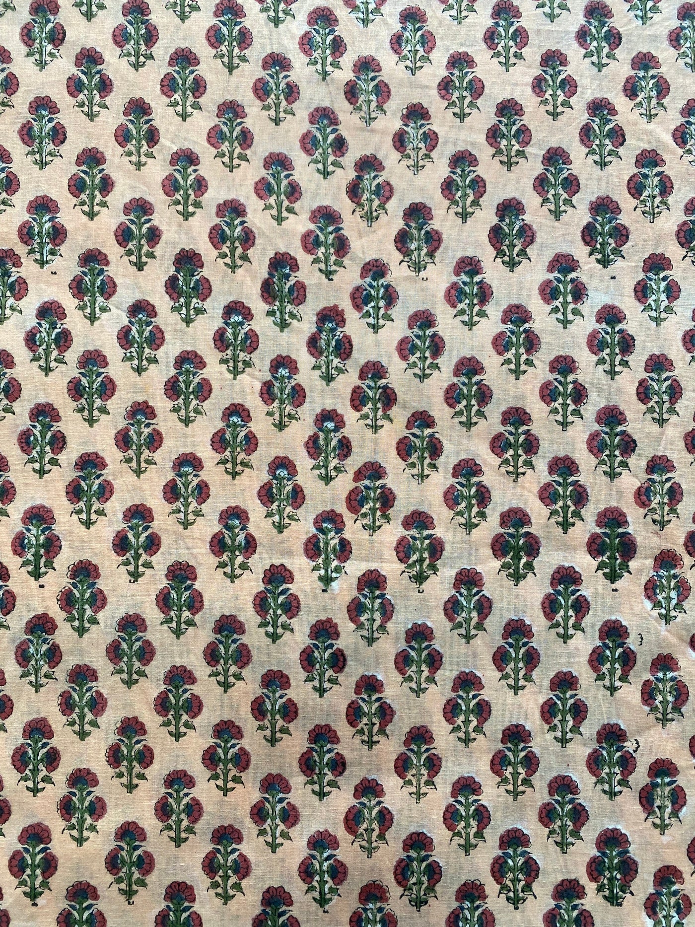 Penny Brown, Russian Green, Ecru Indian Floral Hand Block Printed 100% Pure Cotton Cloth, Fabric by the Yard, Dresses Curtains Pillow Covers