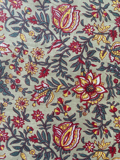 Old Moss Green, Scarlet Red, Yellow Floral Indian Hand Printed Cotton Cloth, Fabric by the yard, Women's Clothing Curtains Pillows Duvet Bag