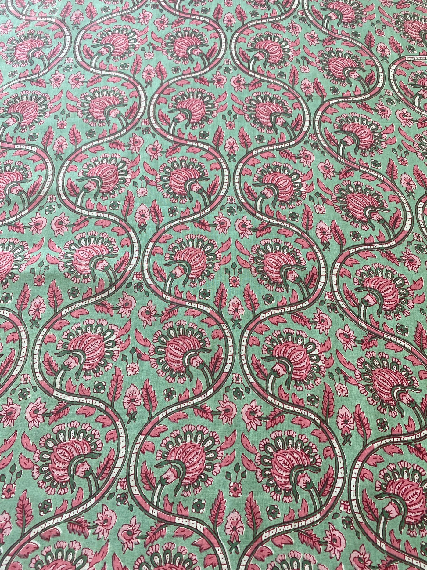 Tea Green, Middle Green, Salmon Pink Floral Indian Hand Printed Cotton Cloth, Fabric by the yard, Women's Clothing Curtains Pillow Cover Bag