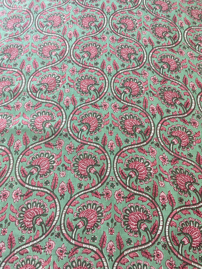 Fabricrush Tea Green, Middle Green, Salmon Pink Floral Indian Hand Printed Cotton Cloth, Fabric by the yard, Women's Clothing Curtains Pillow Cover Bag