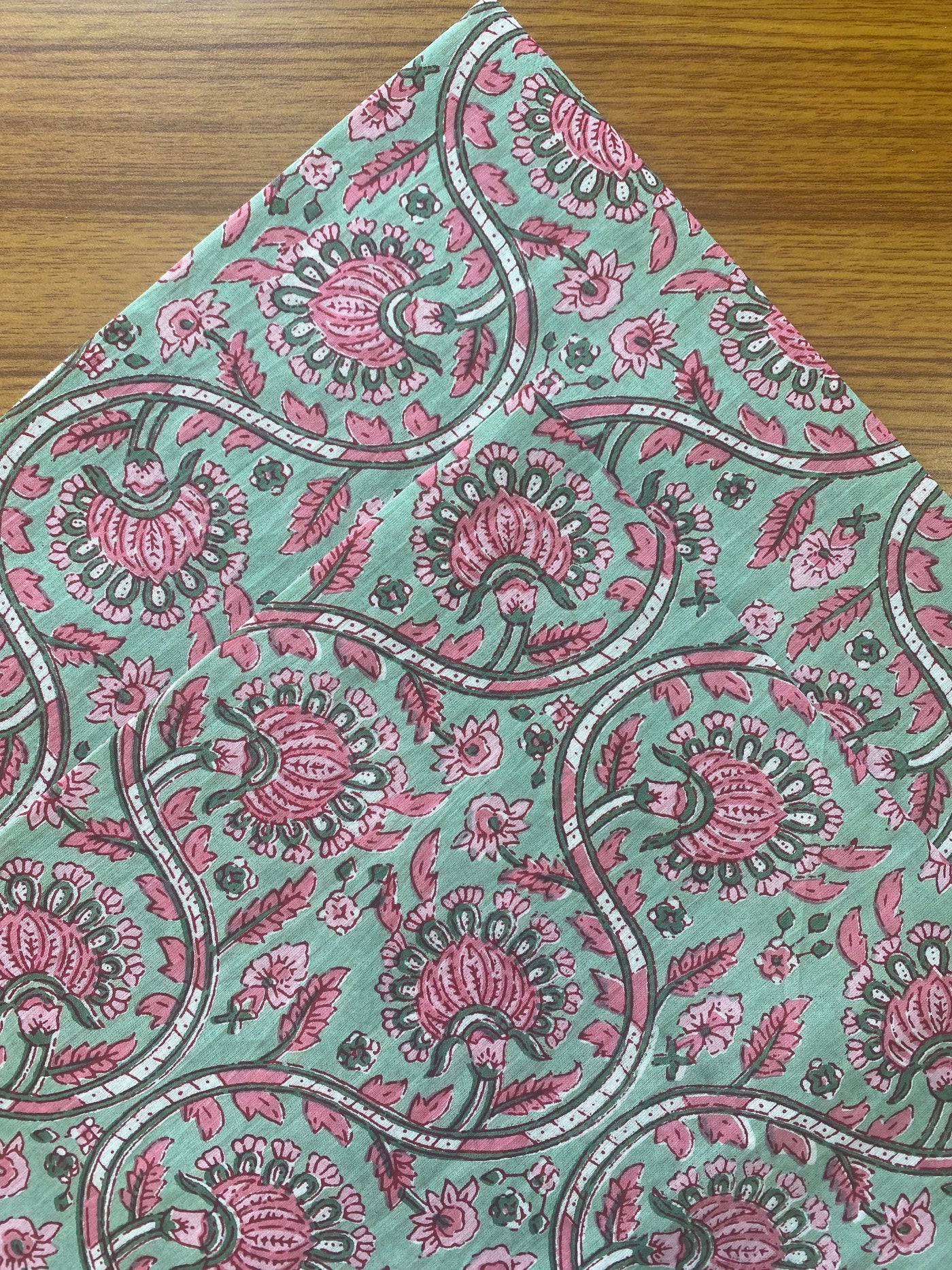 Fabricrush Tea and Middle Green, Salmon Pink Indian Floral Hand Block Printed Pure Cotton Cloth Napkins, 18x18"- Cocktail Napkins, 20x20"- Dinner Napkins
