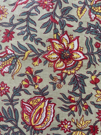 Old Moss Green, Scarlet Red, Yellow Floral Indian Hand Printed Cotton Cloth, Fabric by the yard, Women's Clothing Curtains Pillows Duvet Bag