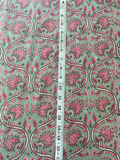 Tea Green, Middle Green, Salmon Pink Floral Indian Hand Printed Cotton Cloth, Fabric by the yard, Women's Clothing Curtains Pillow Cover Bag