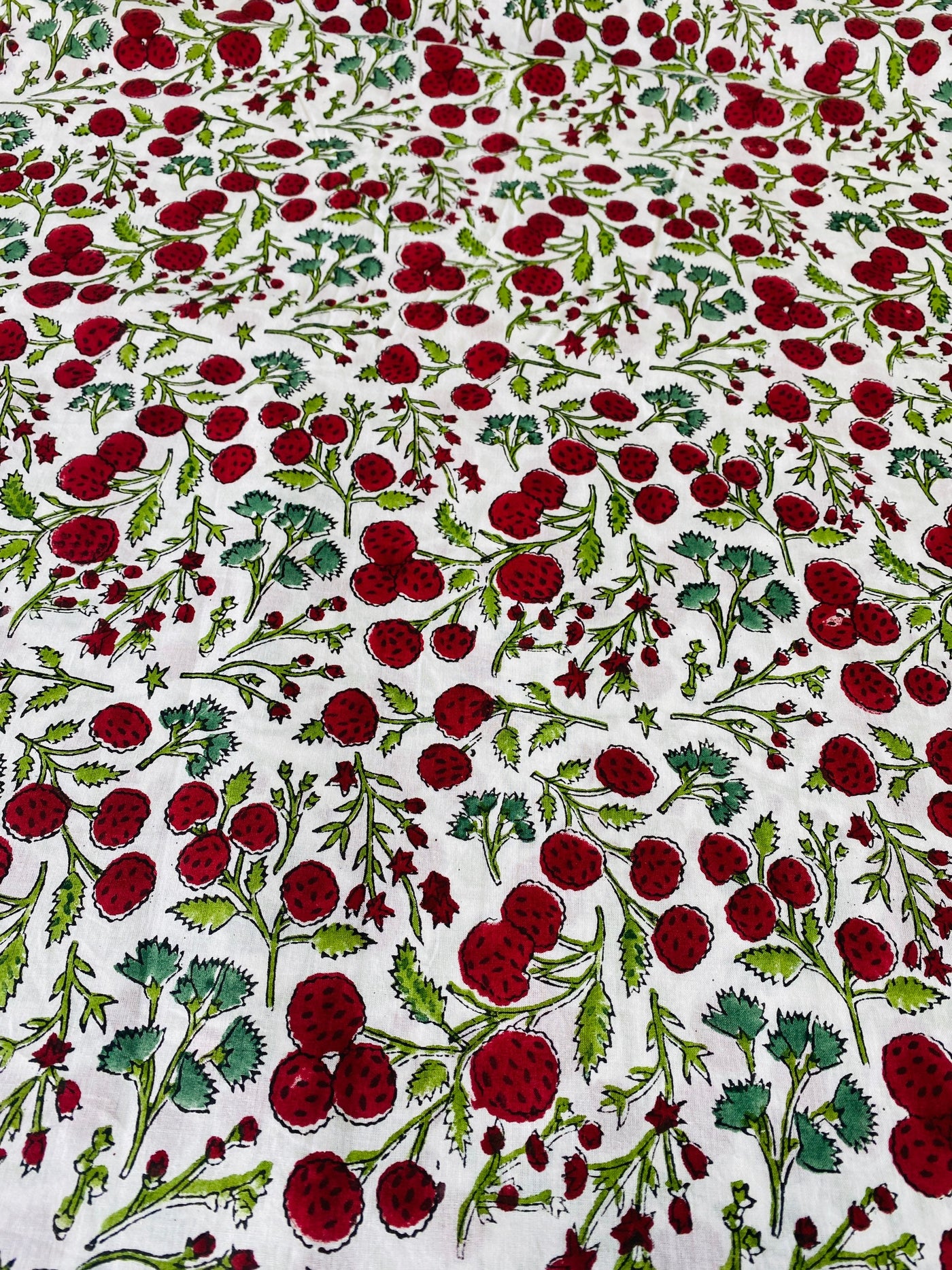 Garnet Red, Emerald and Moss Green Floral Indian Hand Block Print 100% Pure Cotton Cloth, Fabric by the yard, Women's Clothing Quilting Bag